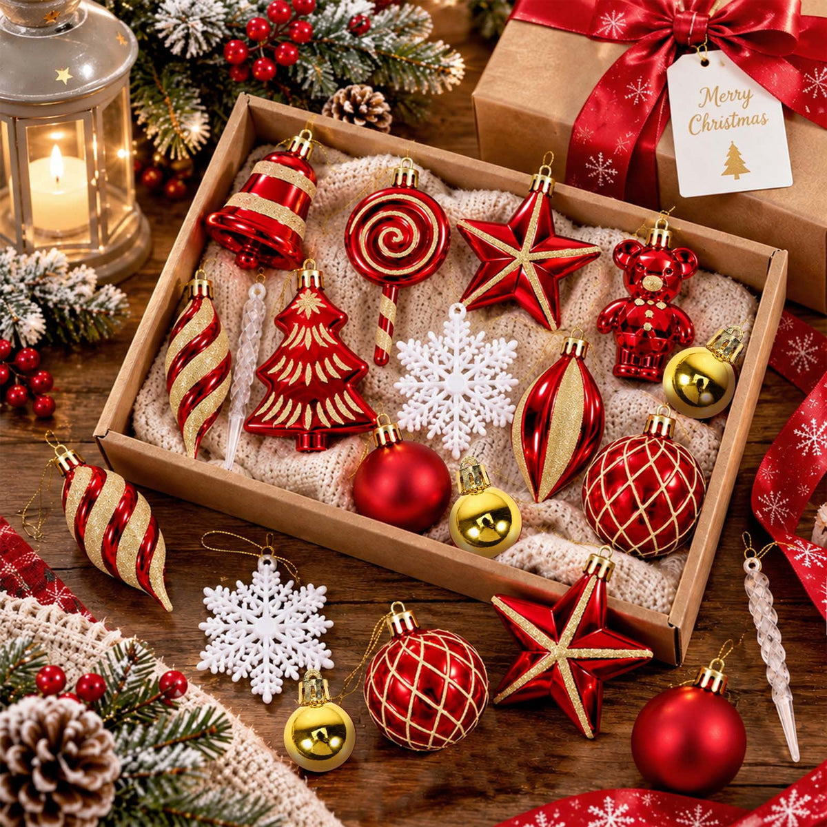 Ayieyill 40ct Christmas Ball Ornaments, Candy Cane Christmas Ornament Set, Shatterproof Christmas Ball with Rope for Tree