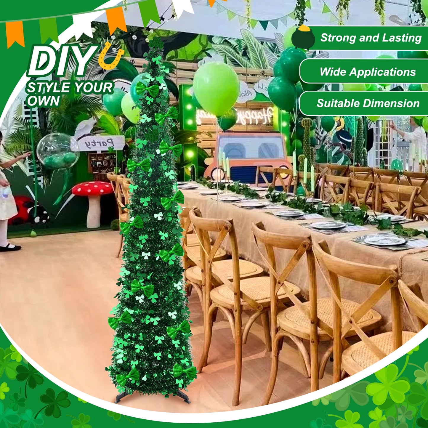 Ayieyill 5 ft St. Patrick's Day Pop up Tree Artificial Green Collapsible Christmas Tree Slim Pencil Tinsel Trees