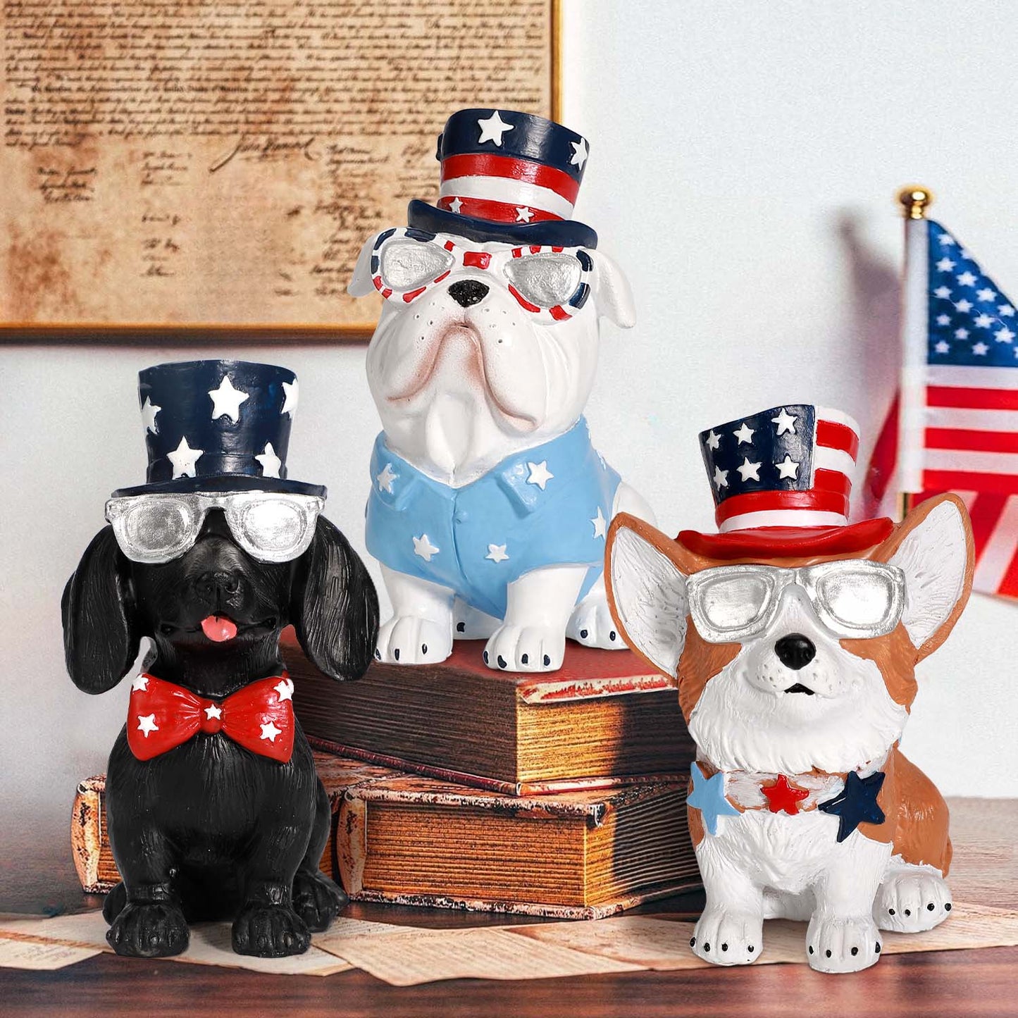 Ayieyill 3pcs 4th of July Patriotic Dog Figurines, Fourth of July Independence Day Decorations, Memorial Day Decor, White