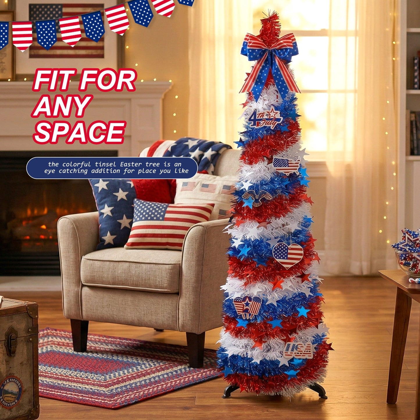 Ayieyill 4th of July Decor Patriotic Decorations, 5ft Patriotic Tree Independence Day Tree, Pop Up American Tree for Memorial Day & Veterans Day Decor Indoor