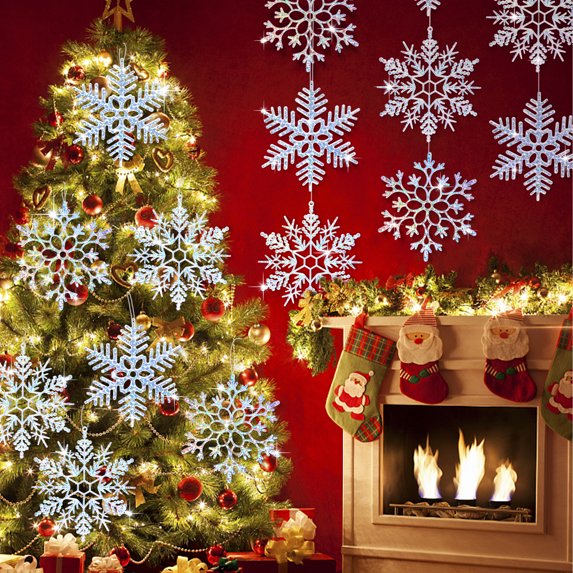 Ayieyill 6pcs Large White Snowflakes Decorations, 12” Big Plastic Glitter Snowflake for Winter Indoor Outdoor Christmas Tree Decorations Giant Craft Snowflakes