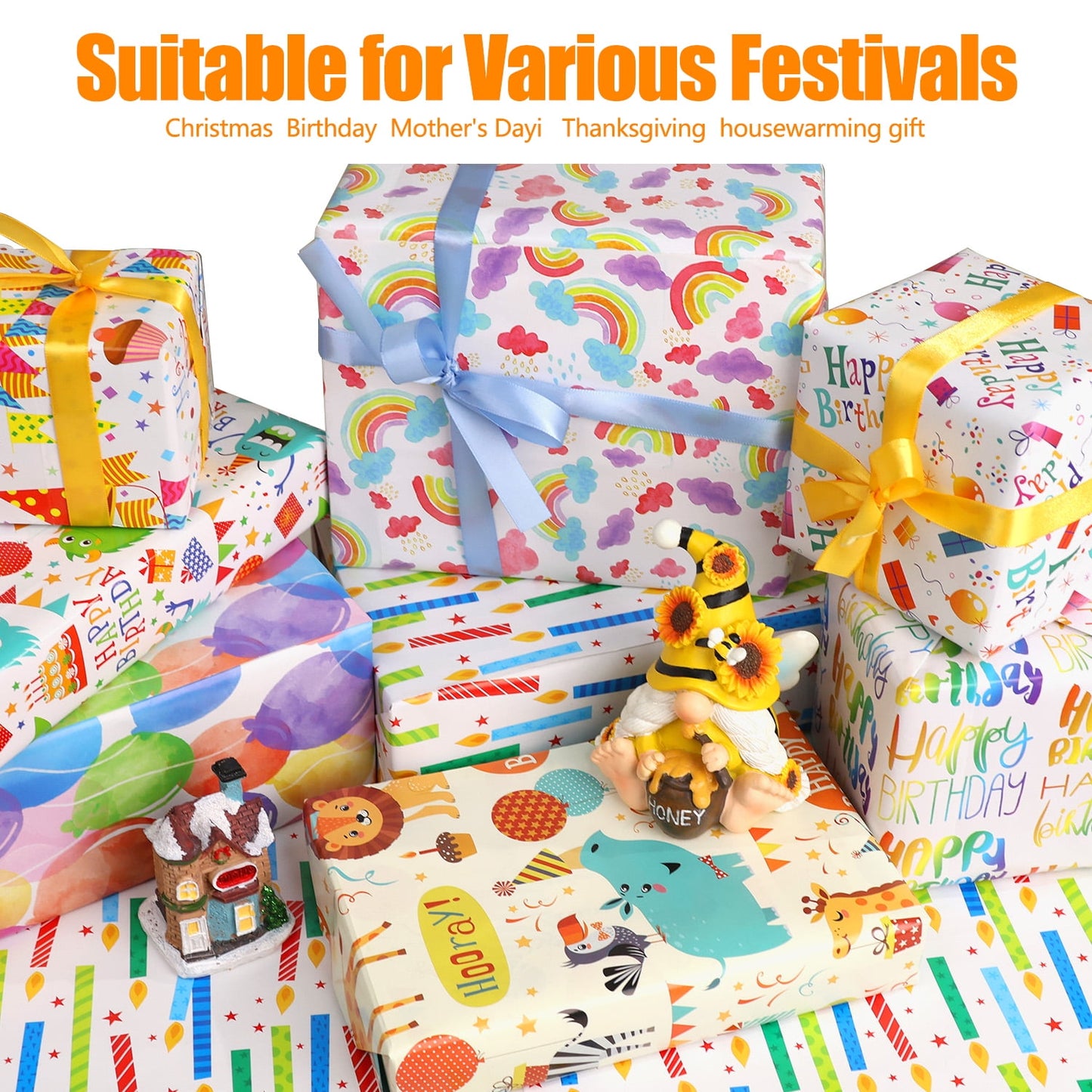 Ayieyill Birthday Wrapping Paper Roll Set of 15 with Ribbon and Tape, Gift Wrap for Happy Birthday Present