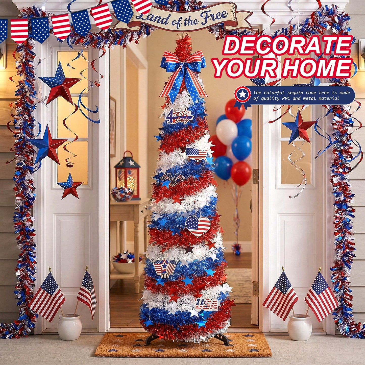 Ayieyill 4th of July Decor Patriotic Decorations, 5ft Patriotic Tree Independence Day Tree, Pop Up American Tree for Memorial Day & Veterans Day Decor Indoor