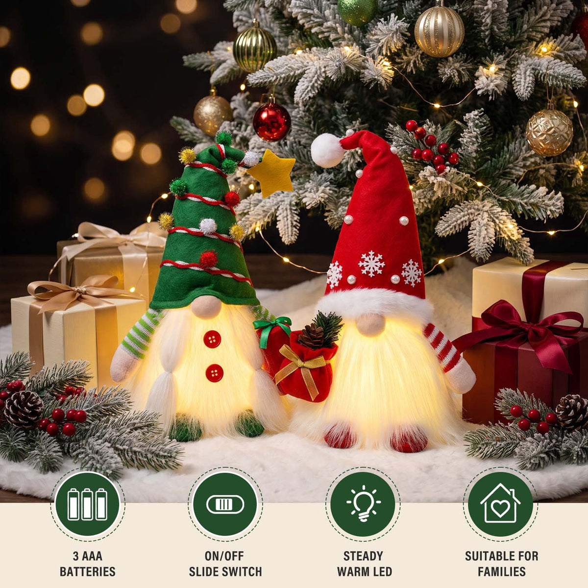 Ayieyill Lighted Christmas Gnomes Plush, Handmade Swedish Tomte Holiday Gnome Figurines, Gnome Christmas Decorations 2 Set
