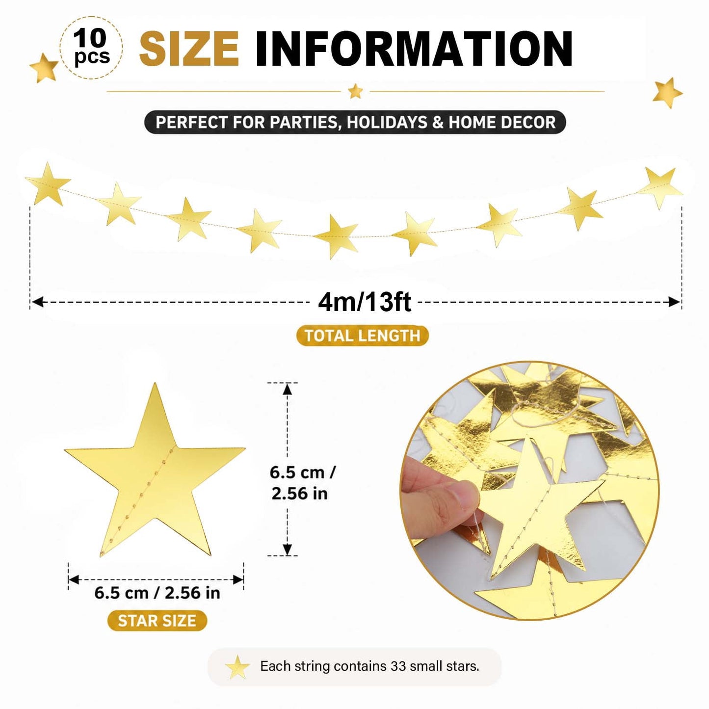 Ayieyill Glittering Gold Star Garland, 130FT Hanging Stars Banner, Star Backdrop, Perfect for Christmas Decorations, Halloween and Graduation Season