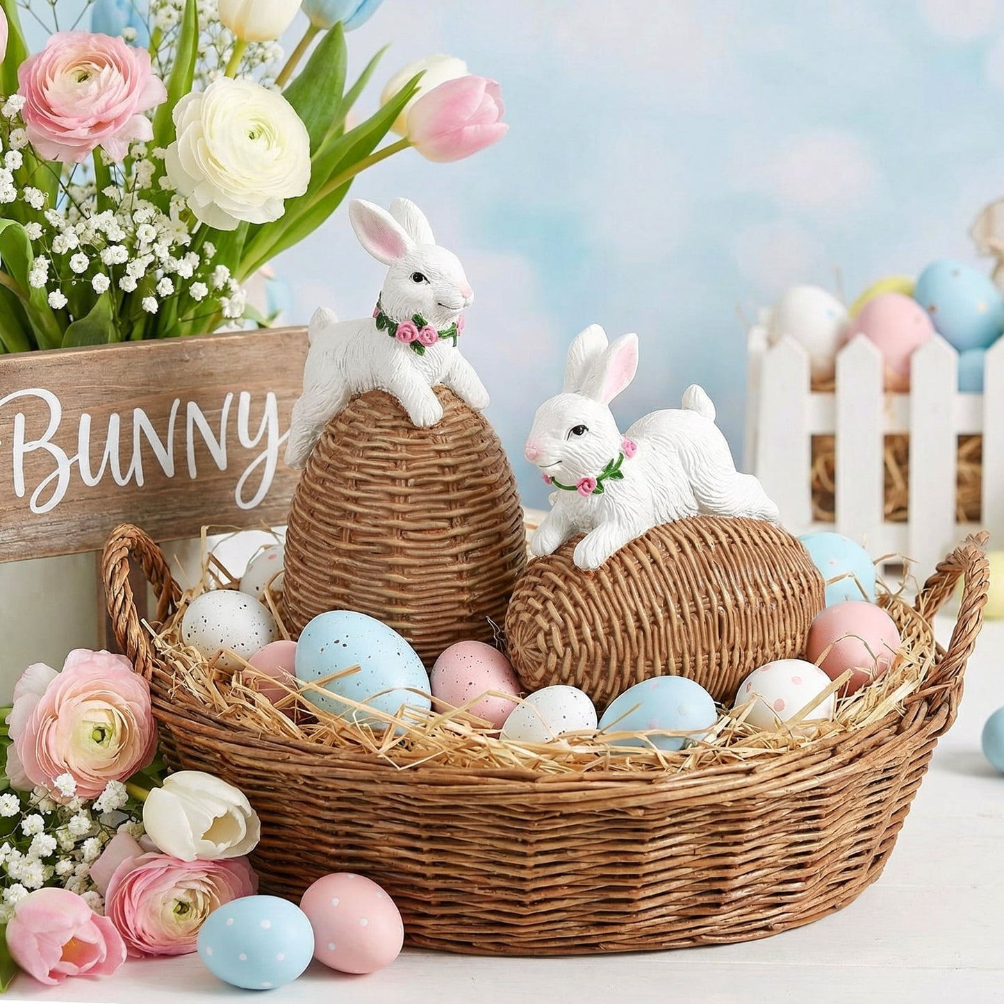 Ayieyill Easter Bunny Egg Decorations 2Pcs, Resin Easter Bunny Figurines for Home, Courtyard, Tabletop Enhance The Easter Atmosphere