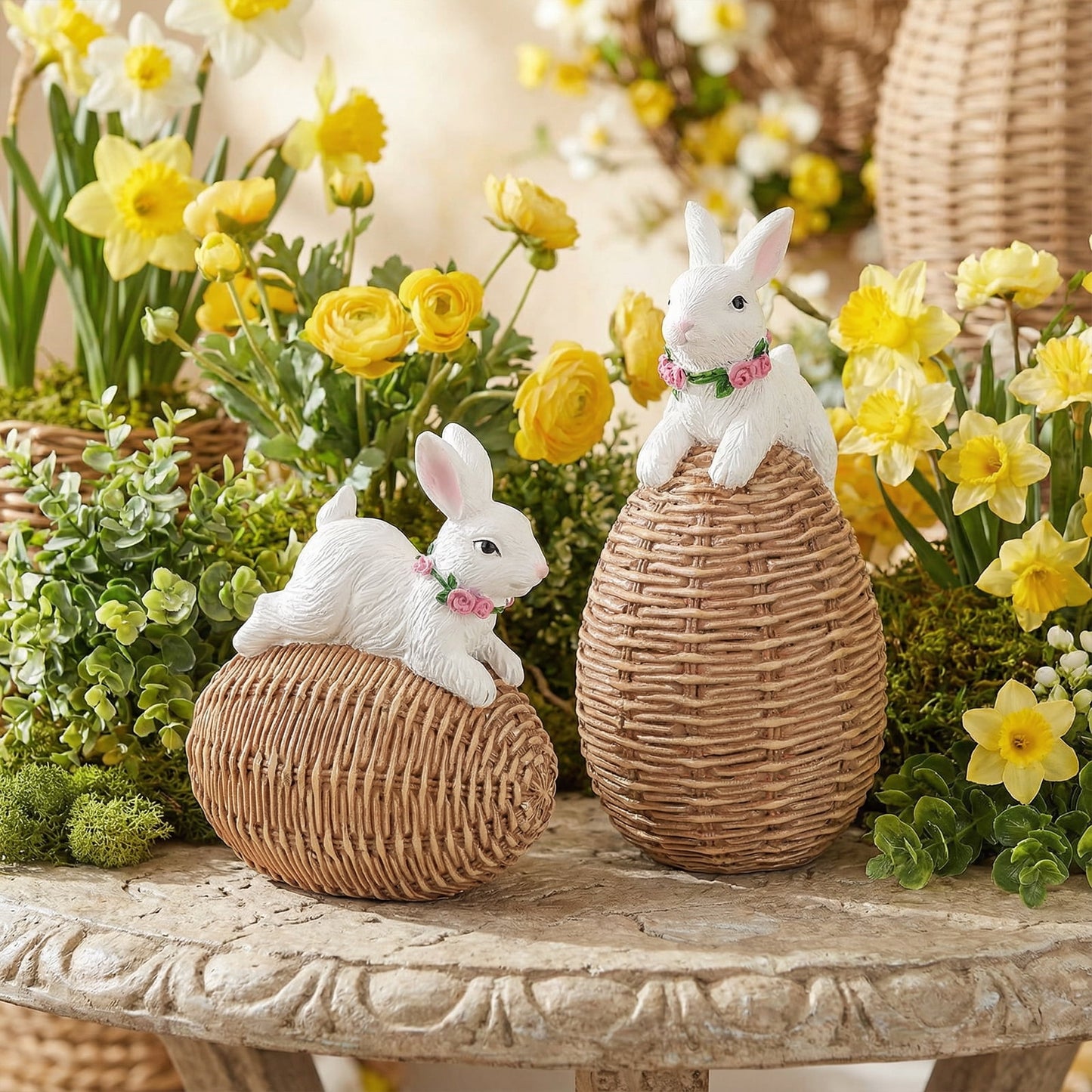 Ayieyill Easter Bunny Egg Decorations 2Pcs, Resin Easter Bunny Figurines for Home, Courtyard, Tabletop Enhance The Easter Atmosphere