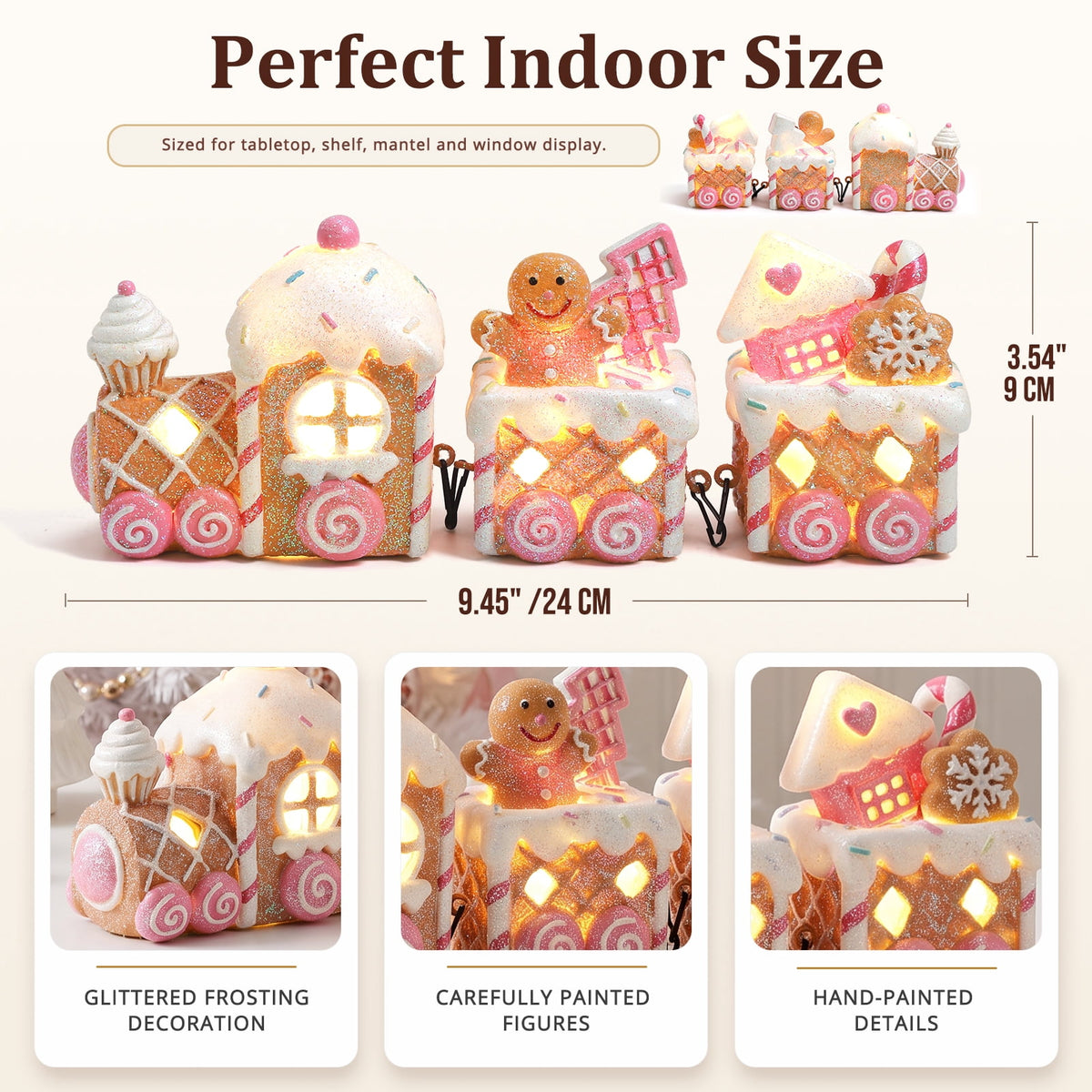 Ayieyill Lighted Gingerbread Train Christmas Decor Set, 3PCS Christmas Train Table Decor, Gingerbread Man Figurine Christmas Train Decoration for Indoor Decoration & Holiday Gift