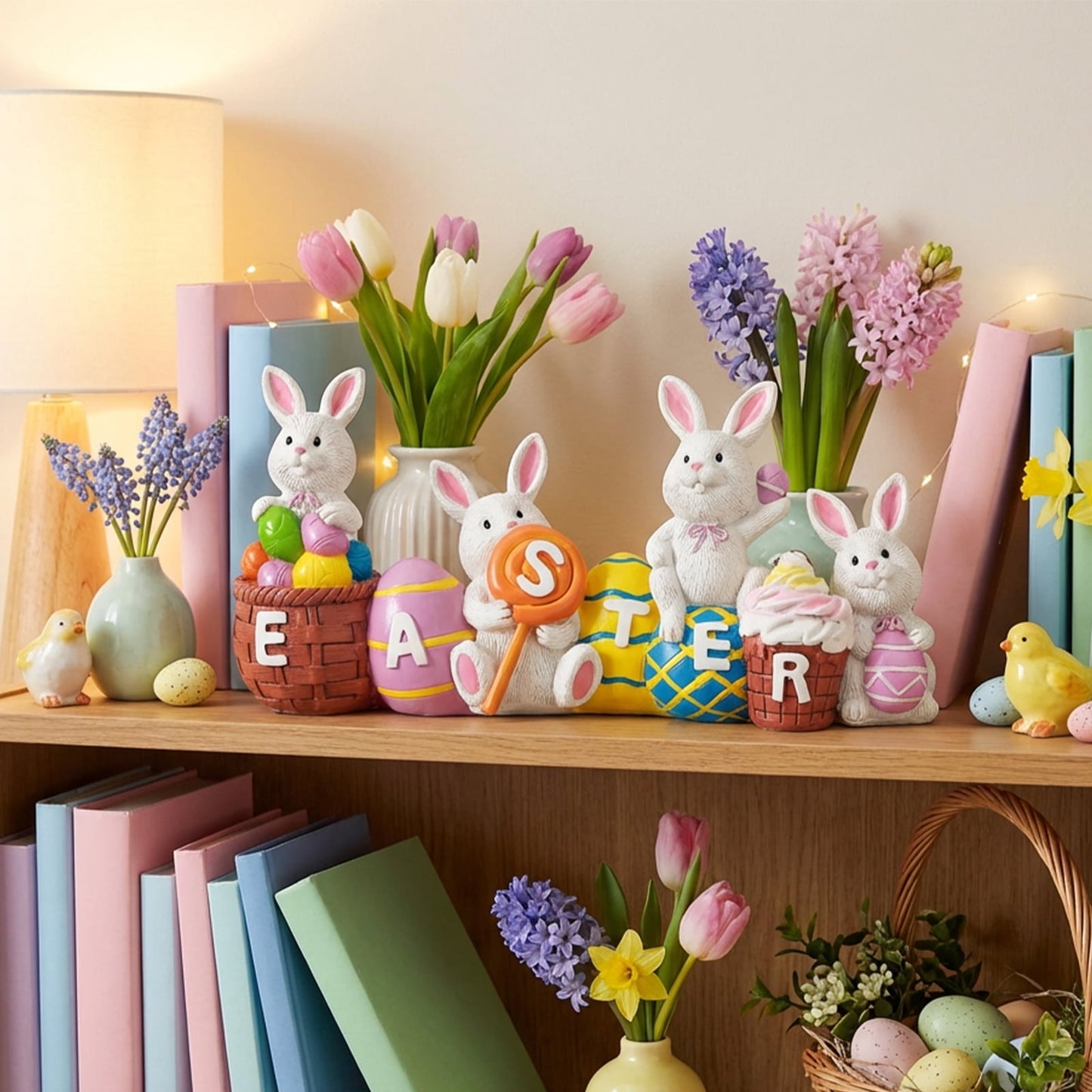 Ayieyill Easter Decor Bunny Eggs, Cute Spring Resin Bunny Figurines Tabletop for Easter Holiday Decoration