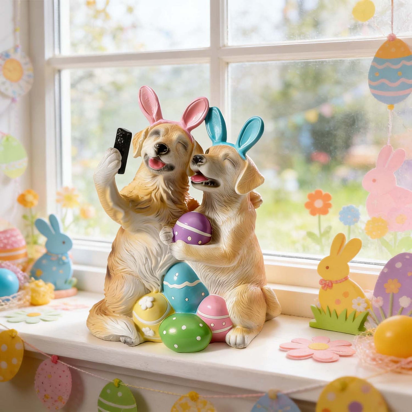Ayieyill Easter Decor Dog Figurine, Romantic Couple Spring Decorations Dog Easter Decorations for Tabletop, Lawn, Holiday Decoration