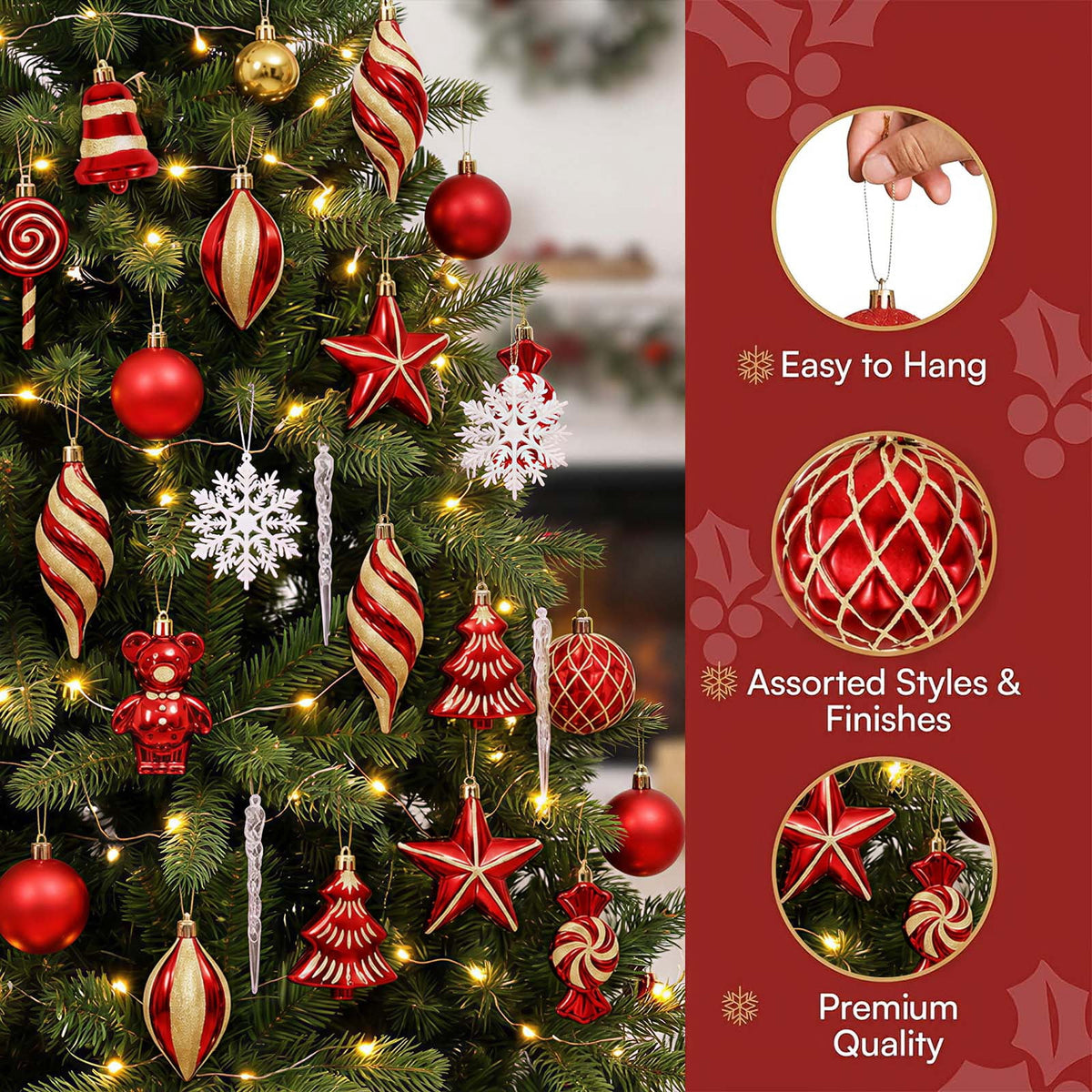 Ayieyill 40ct Christmas Ball Ornaments, Candy Cane Christmas Ornament Set, Shatterproof Christmas Ball with Rope for Tree