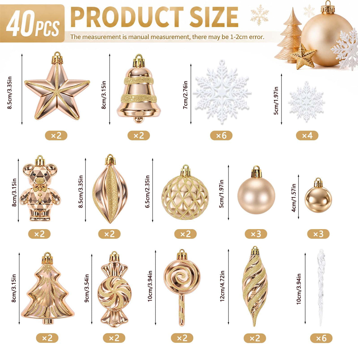 Ayieyill 40ct Christmas Ball Ornaments, Candy Cane Christmas Ornament Set, Shatterproof Christmas Ball with Rope for Tree