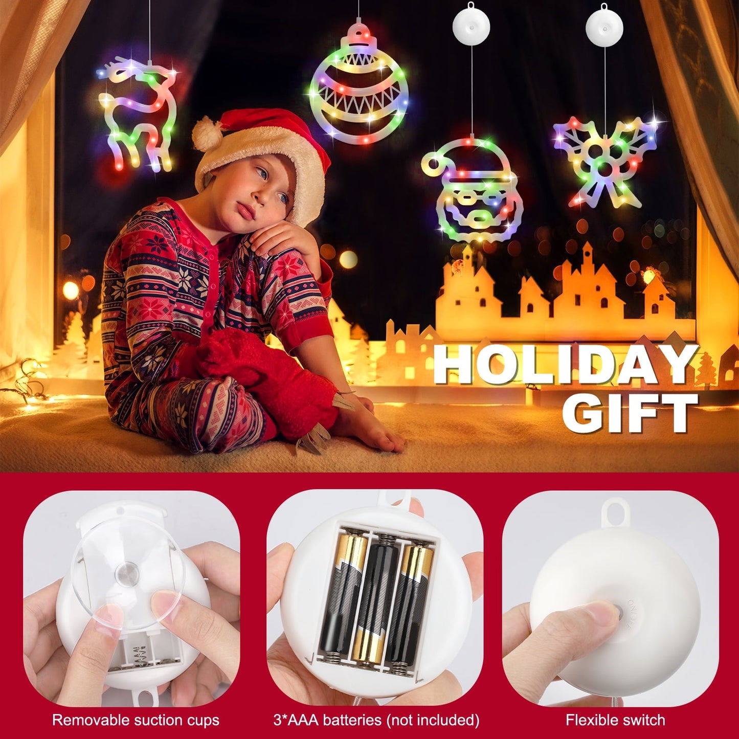 Ayieyill Christmas Window Decorations Lighted Indoor, Christmas Window Clings with Suction Cup | 4 Pcs