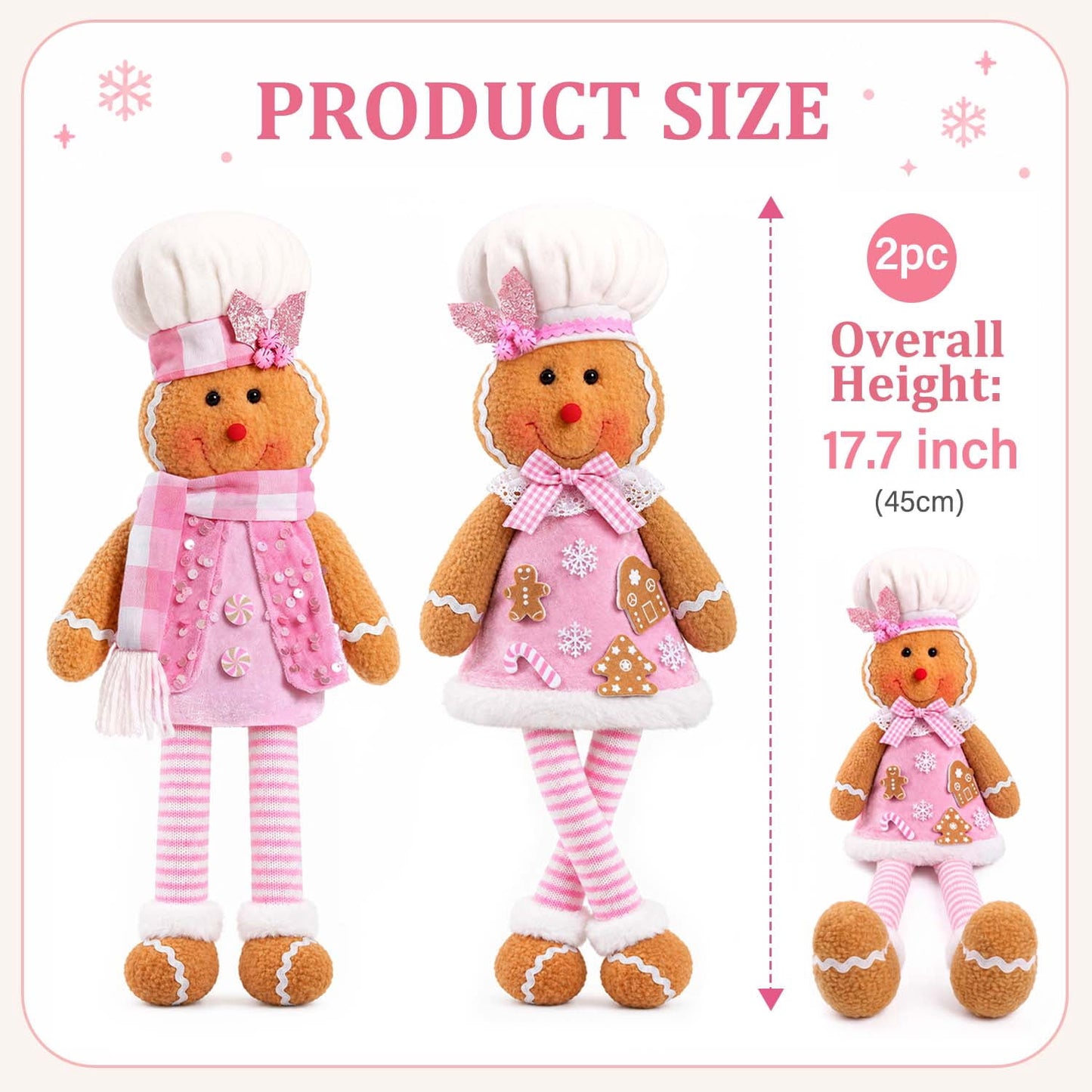 Ayieyill 2Pcs Christmas Gingerbread Man Plush Dolls, Pink Sitting Long Leg Gingerbread Plush, Cute Gingerbread Decor for Christmas Holiday Home Party