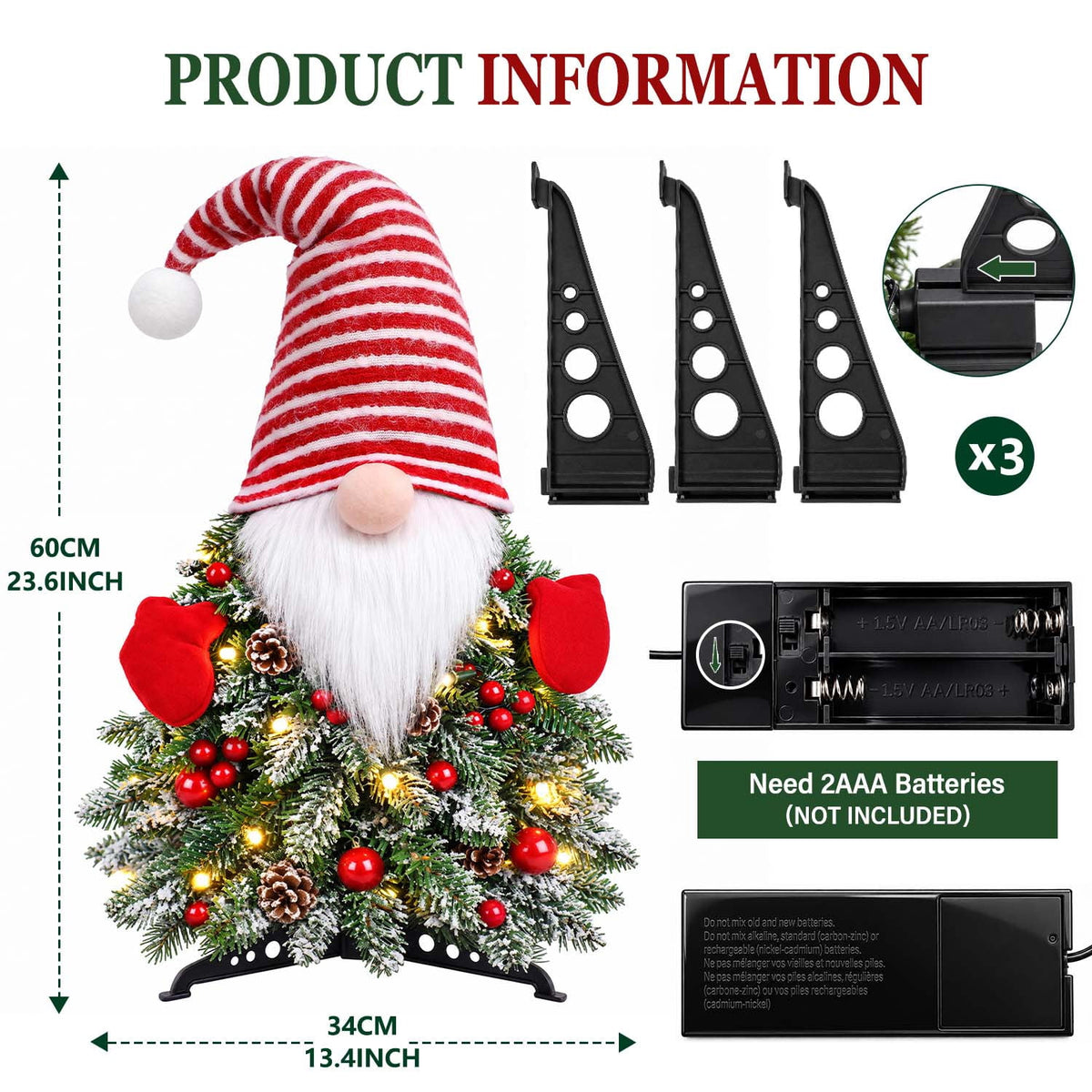 Ayieyill Lighted Christmas Gnome Tree Decor with Timer, Battery Operated Tabletop Christmas Tree with Glowing, Pre-Lit Gnome Decorations for Mantel, Fireplace, Table, Shelf, Indoor Christmas Decor