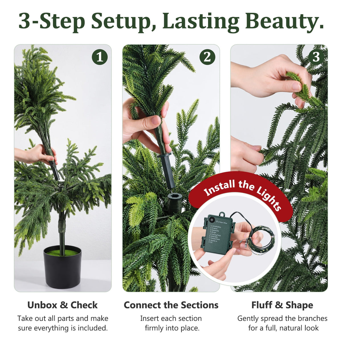 Ayieyill 4FT Norfolk Pine Christmas Tree, 2 Pack Norfolk Pine Tree with 80 LED Lights, Indoor Holiday Christmas Decorations