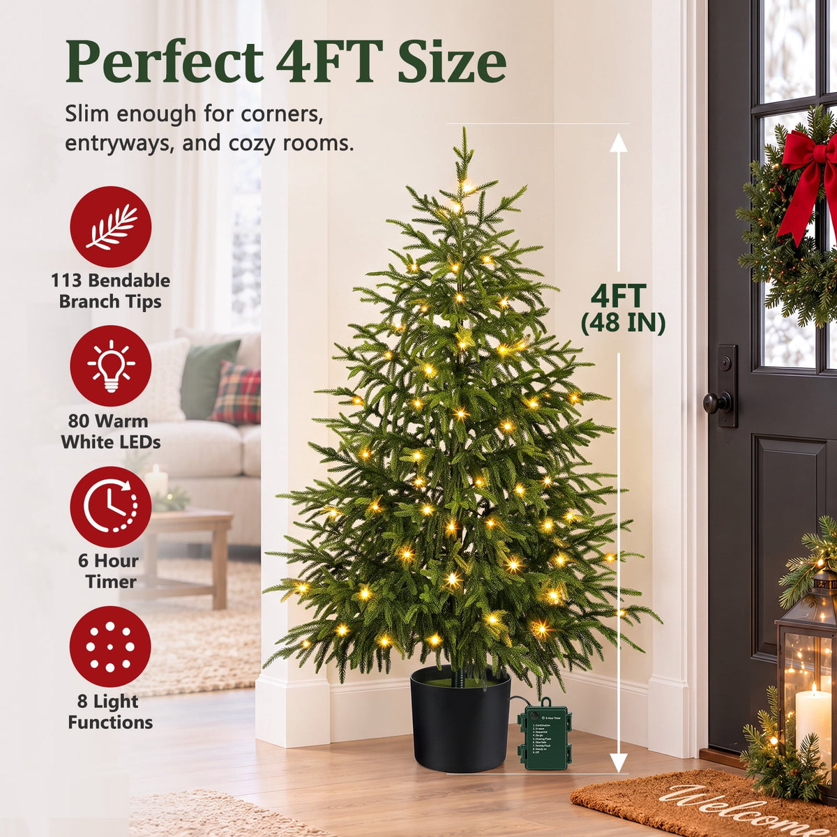 Ayieyill 4FT Norfolk Pine Christmas Tree, 2 Pack Norfolk Pine Tree with 80 LED Lights, Indoor Holiday Christmas Decorations