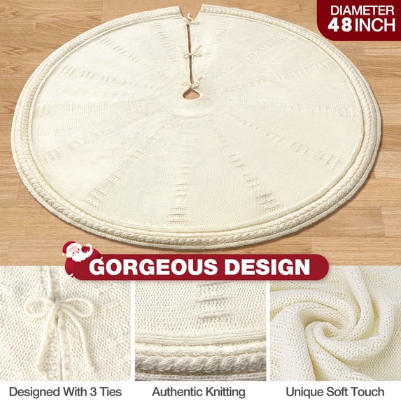 Ayieyill Christmas Tree Skirt, 48 inches White Tree Skirt Luxury Cable Knit Knitted Thick Rustic Xmas Tree Skirt Christmas Decoration, Cream