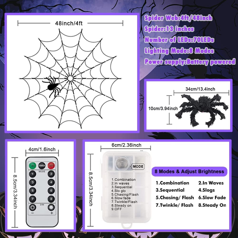 Ayieyill Halloween Spider String Lights,4FT 70 Purple LED with Realistic Spiders, 8 Lighting Modes , Halloween Decorations Indoor Outdoor