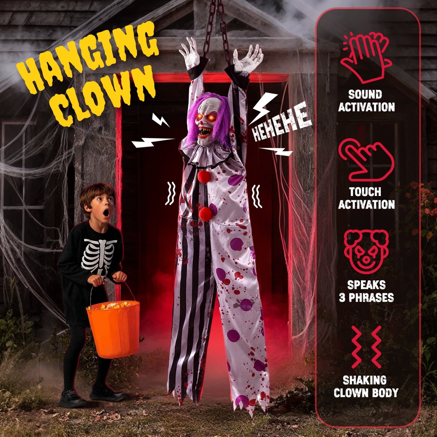 Ayieyill 59in Halloween Animatronics, Hanging Halloween Clown Sound Sensor, Scary Halloween Decorations  Outdoor, Haunted House Prop