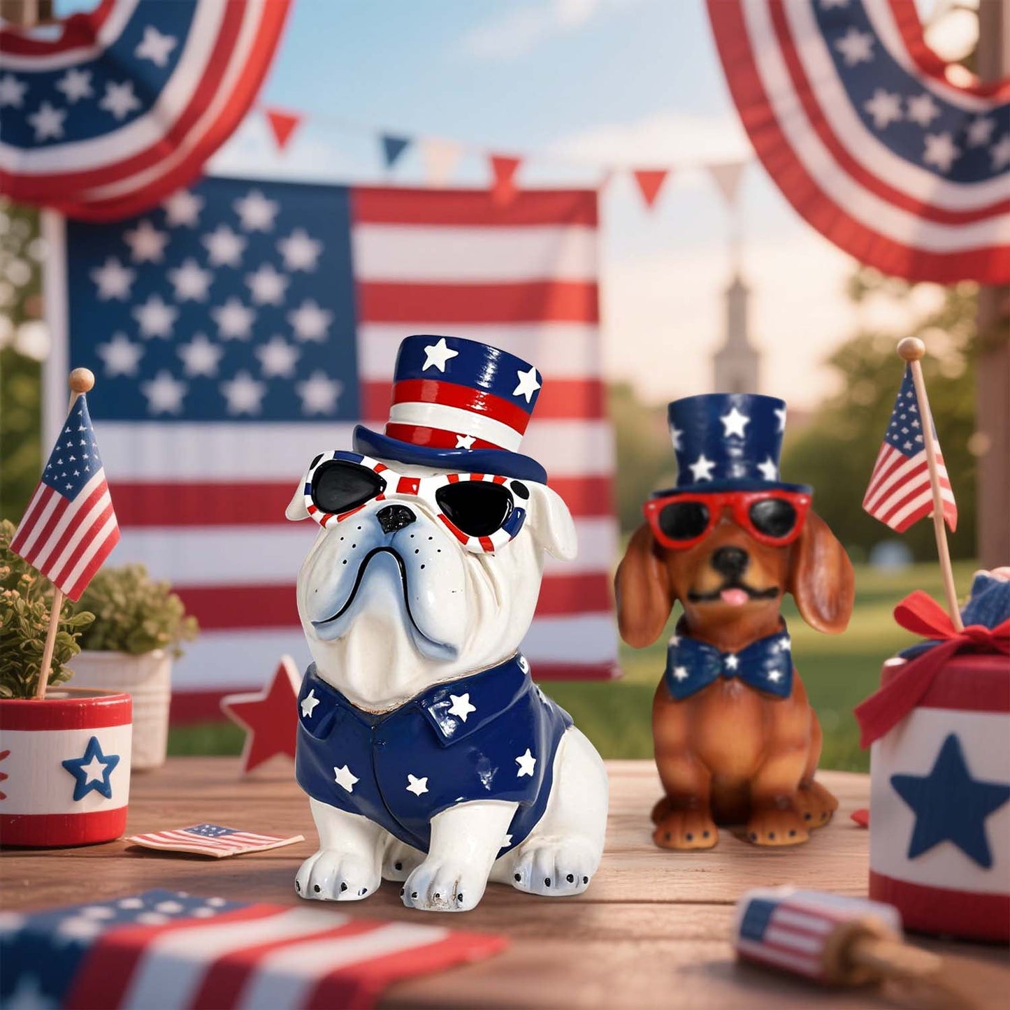 Ayieyill 3pcs 4th of July Patriotic Dog Figurines, Fourth of July Independence Day Decorations, Memorial Day Decor, White