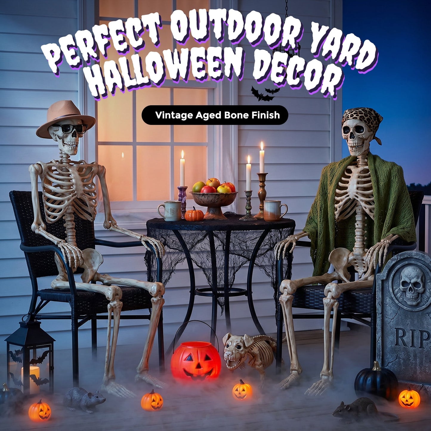 Ayieyill 65IN Halloween Skeleton Decorations, Weathered Posable Skeleton Decor for Halloween Decorations Outdoor Indoor