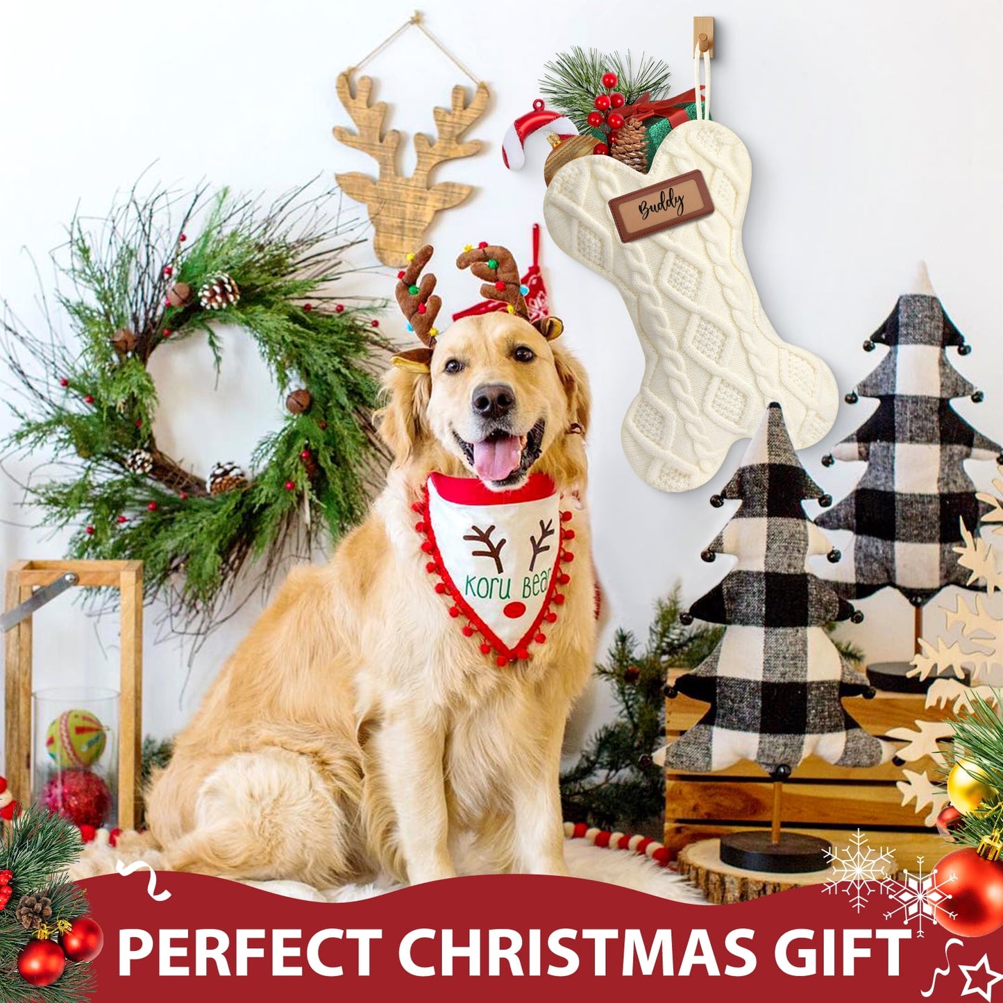 Ayieyill 18 Inch Dog Christmas Stocking, Bone Shape Stocking Christmas for Dog, Large Pet Stockings Hanging Christmas Decorations