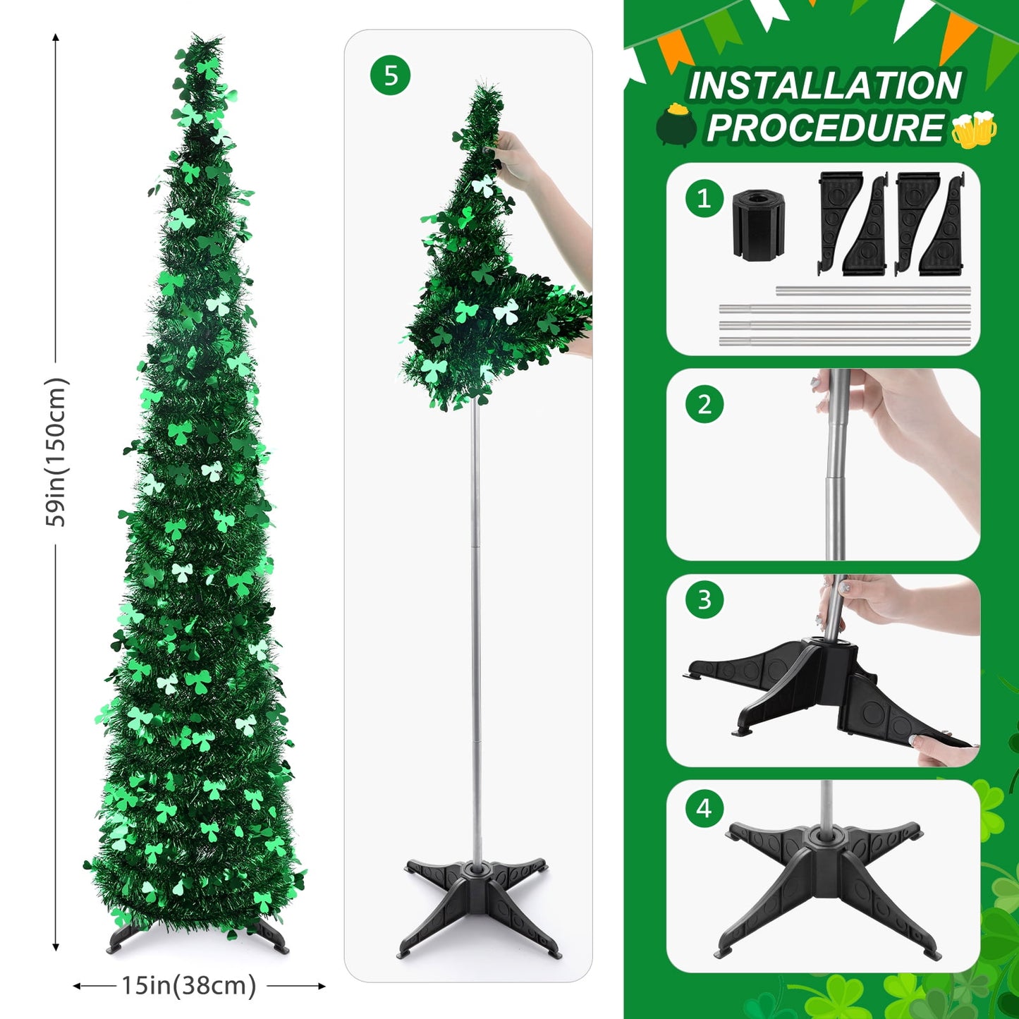 Ayieyill 5 ft St. Patrick's Day Pop up Tree Artificial Green Collapsible Christmas Tree Slim Pencil Tinsel Trees