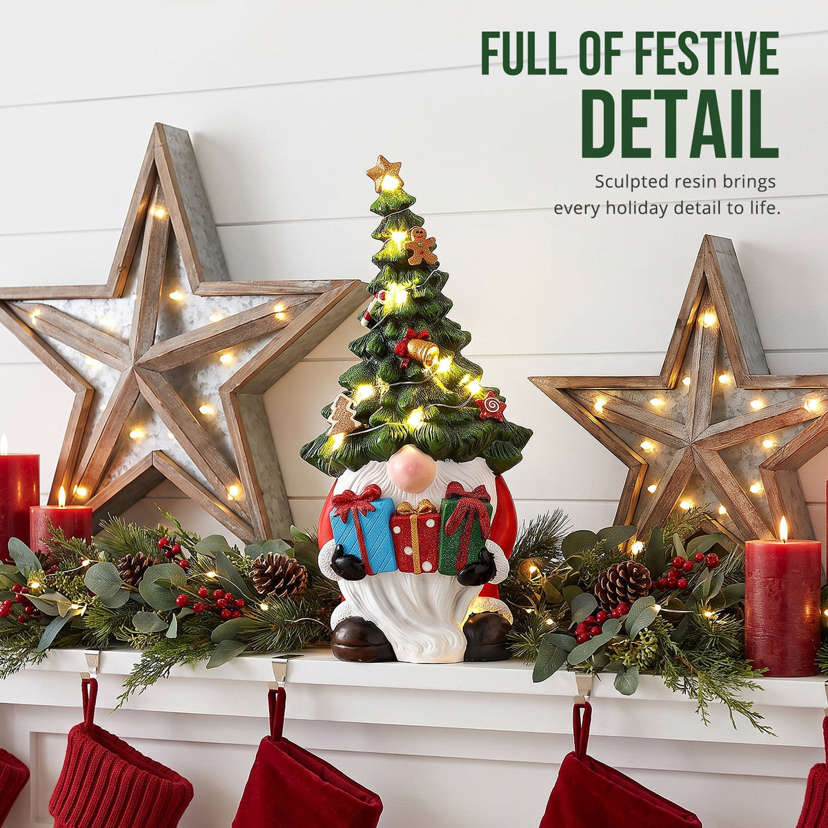 Ayieyill Christmas Gnome Decorations, 11-Inch Lighted Resin Gnome Christmas Tree Figurine with LED Lights for Indoor Christmas Decor on Bookshelves, Mantels and Tabletops