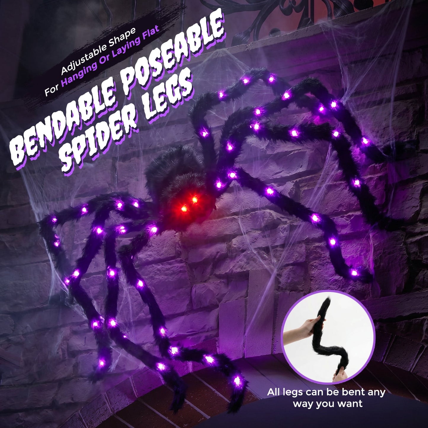 Ayieyill 5ft Giant Light-up Halloween Spider, Scary Hairy Fabric Spider for Indoor Outdoor Yard Haunted House Decor