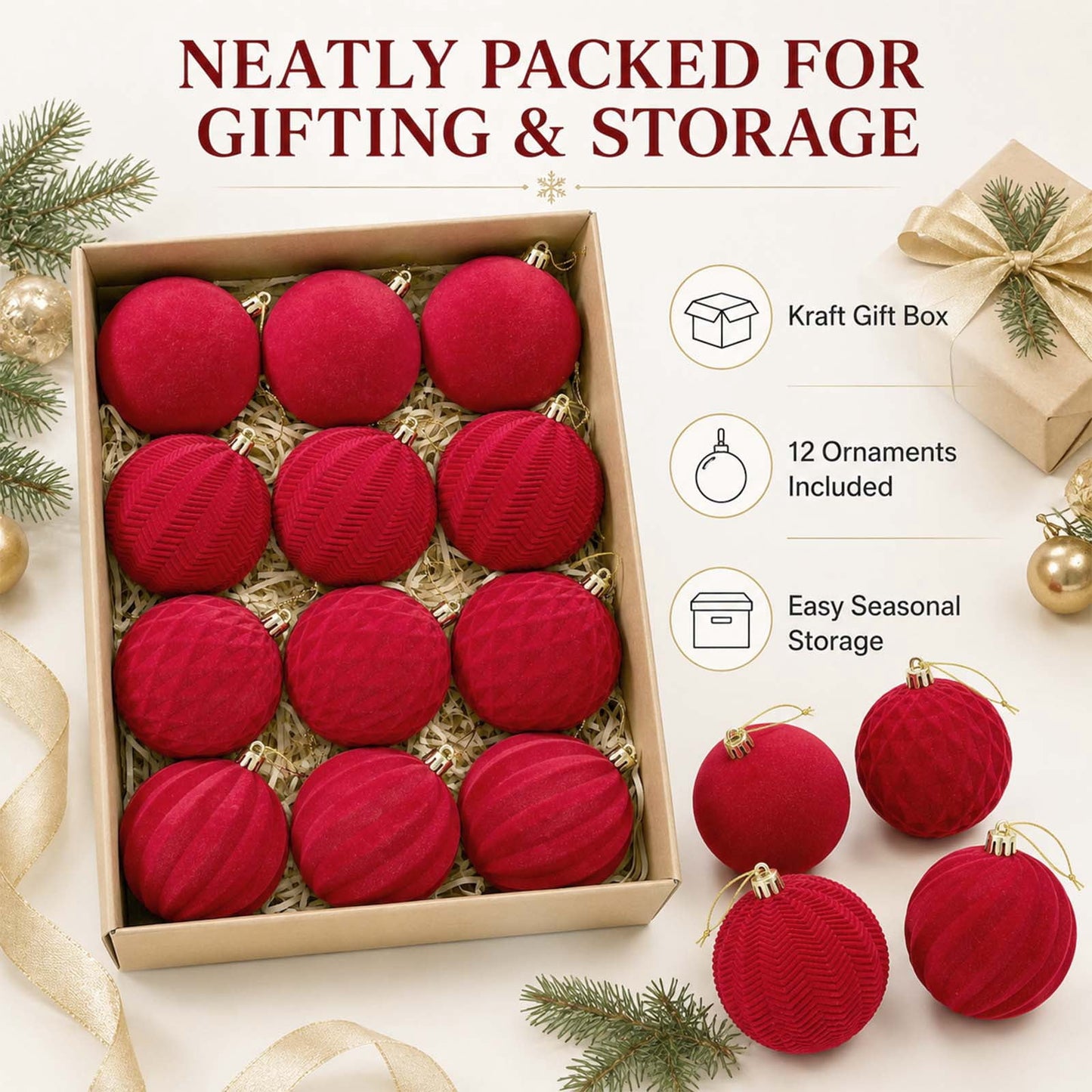 Ayieyill 12 Pack Christmas Ball Ornaments, Flocked Christmas Tree Ornaments, Christmas Hanging Ornaments for Christmas Decorations Indoor