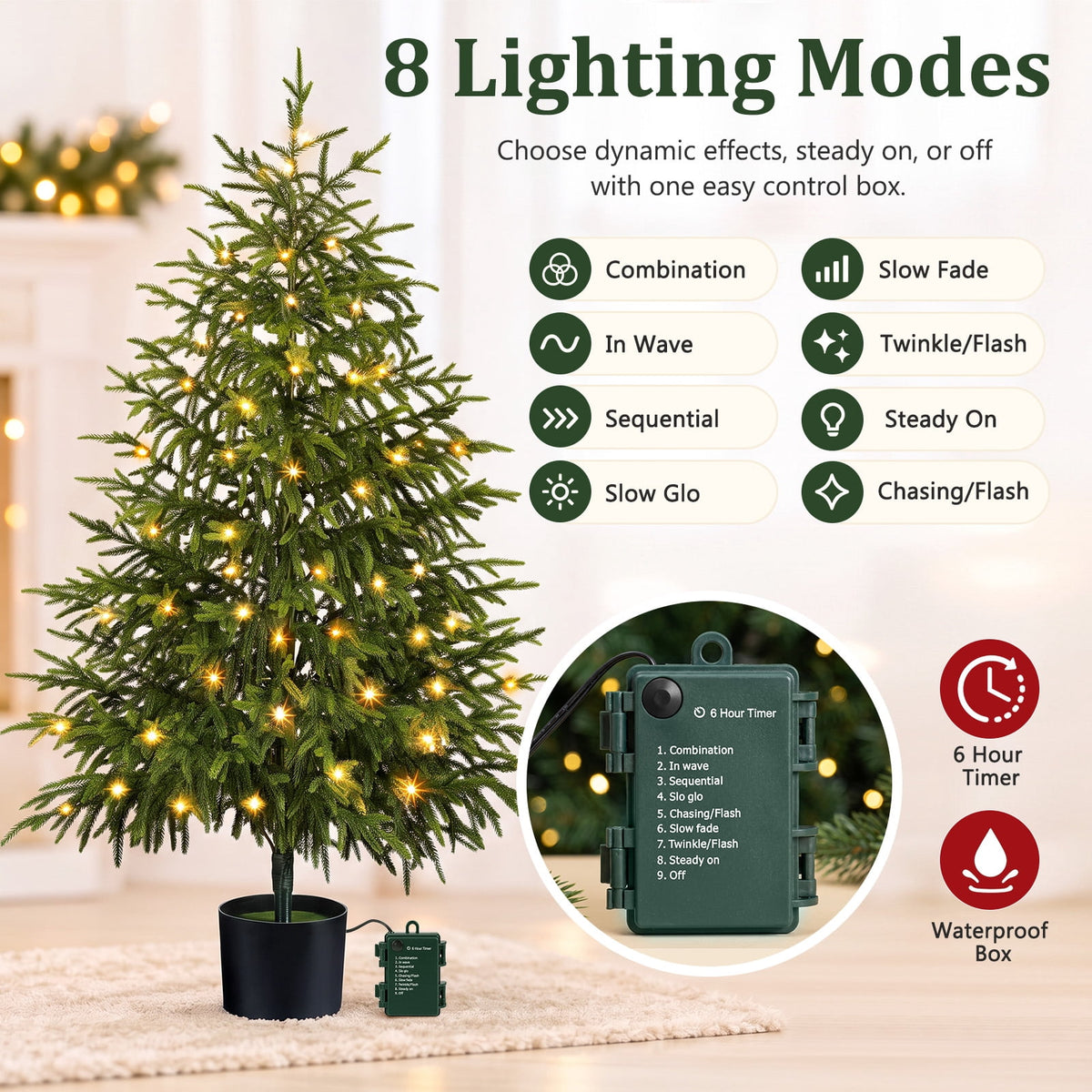 Ayieyill 4FT Norfolk Pine Christmas Tree, 2 Pack Norfolk Pine Tree with 80 LED Lights, Indoor Holiday Christmas Decorations