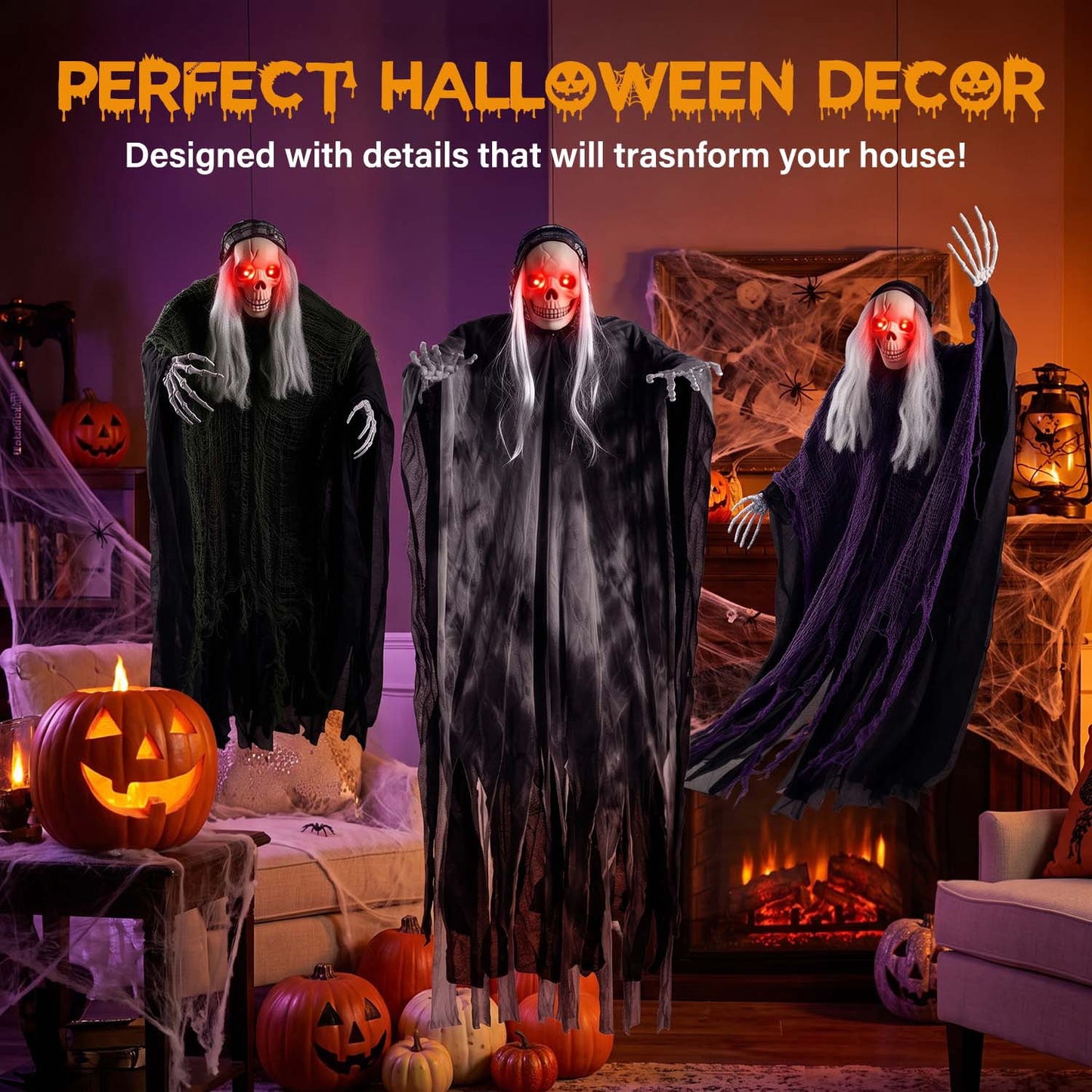 Ayieyill 3 Pack Hanging Skeleton Ghosts for Halloween Decorations Outdoor, Grim Reaper for Halloween Decor