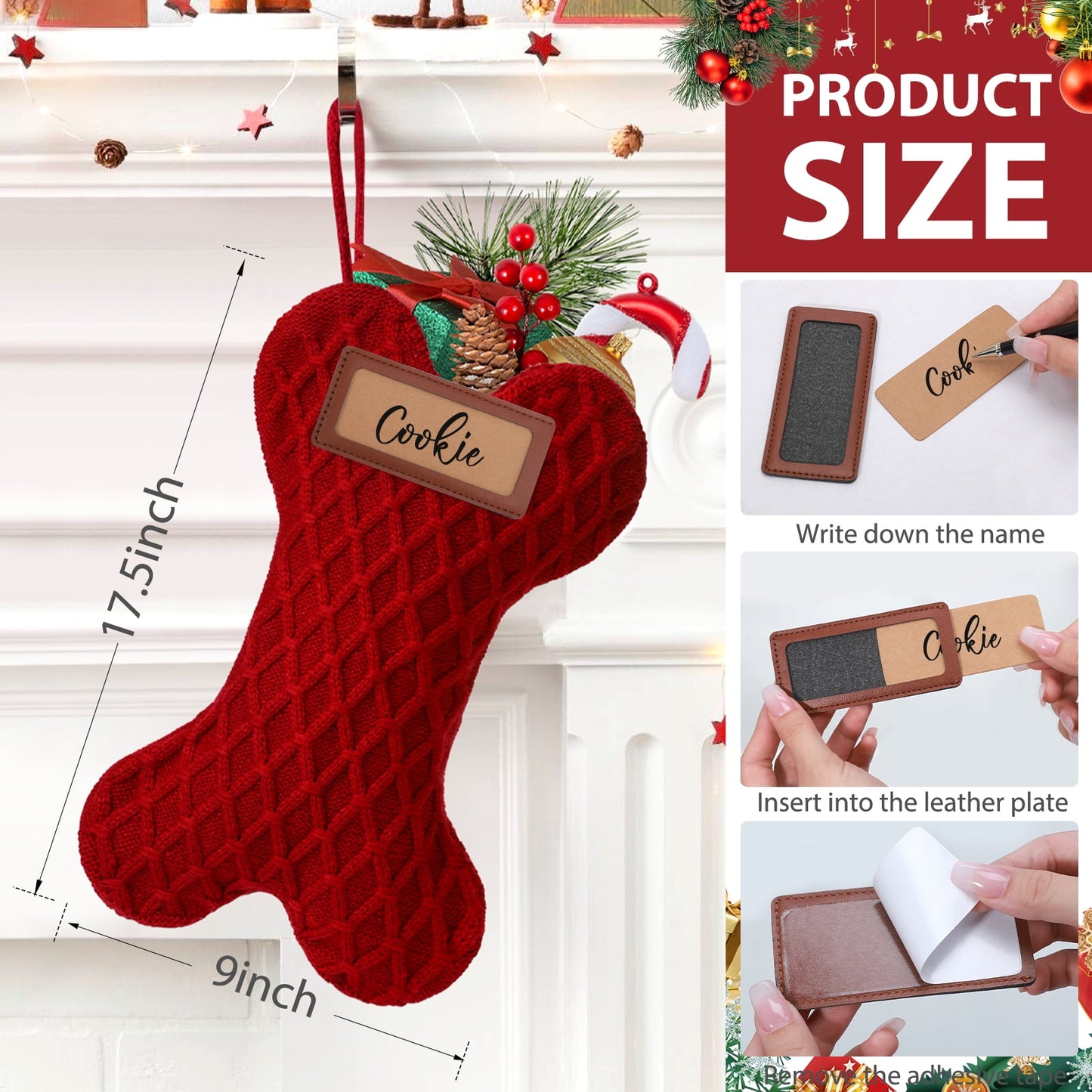 Ayieyill 18 Inch Dog Christmas Stocking, Bone Shape Stocking Christmas for Dog, Large Pet Stockings Hanging Christmas Decorations