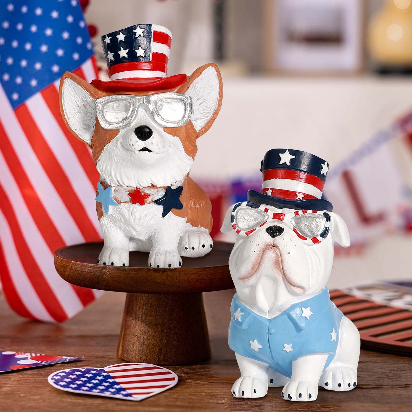 Ayieyill 3pcs 4th of July Patriotic Dog Figurines, Fourth of July Independence Day Decorations, Memorial Day Decor, White