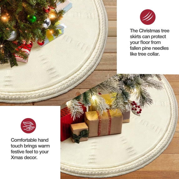 Ayieyill Christmas Tree Skirt, 48 inches White Tree Skirt Luxury Cable Knit Knitted Thick Rustic Xmas Tree Skirt Christmas Decoration, Cream
