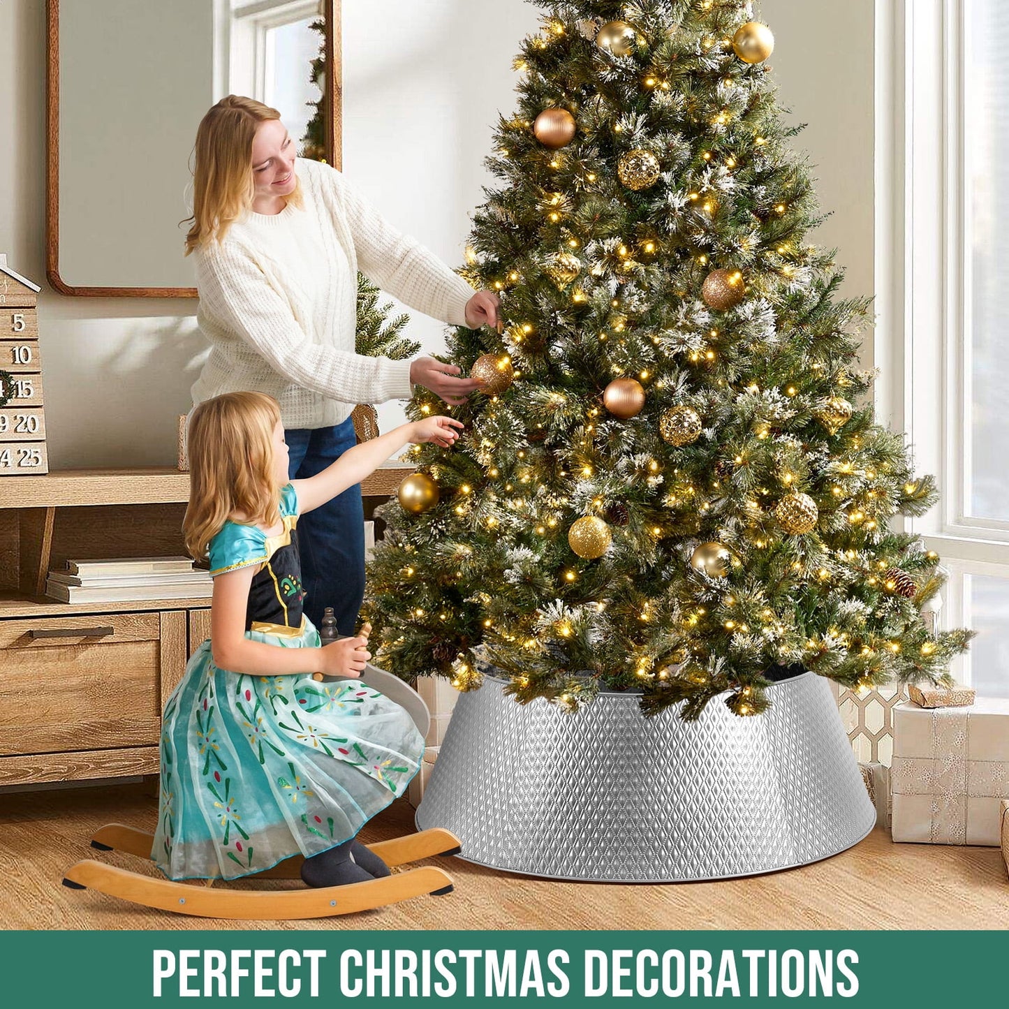 Ayieyill 26 Inch Christmas Tree Collar, Metal Tree Collar, Water Base Protection from Pets, Collar for Christmas Tree, Silver