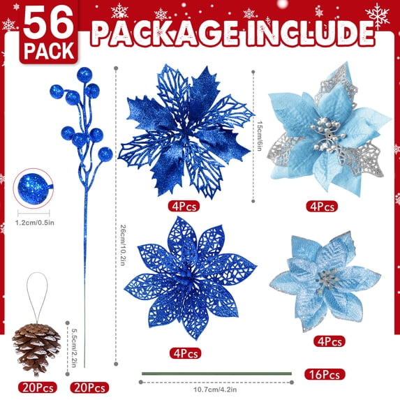 Ayieyill 56Pcs Poinsettia Christmas Flowers Decorations Christmas flower ornaments Artificial Glitter Berry Stems Christmas Pine Cones Christmas Tree Ornaments Set Christmas Tree Decorations