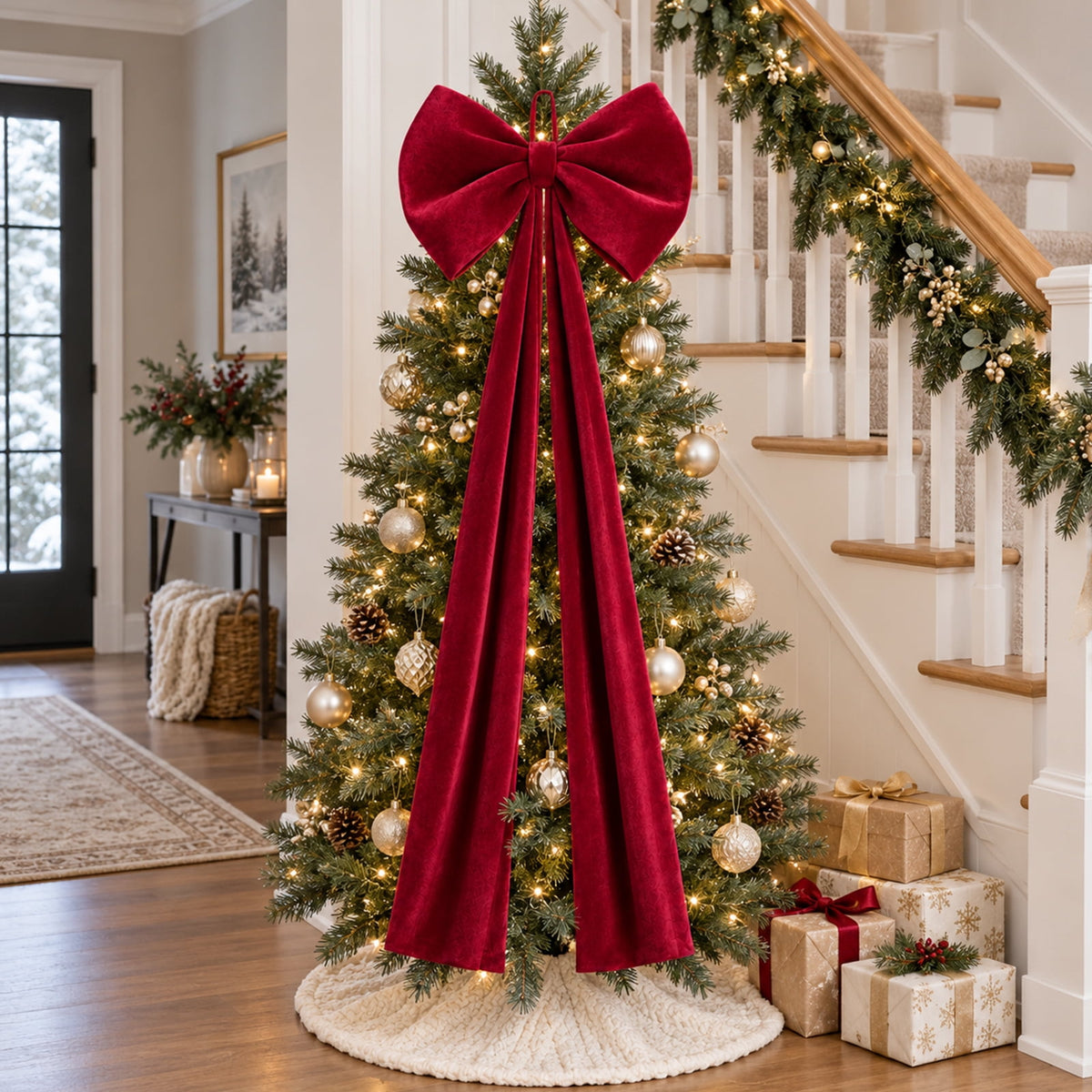 Ayieyill Burgundy Velvet Christmas Tree Topper Bow, Large Bow for Christmas Tree Decorations