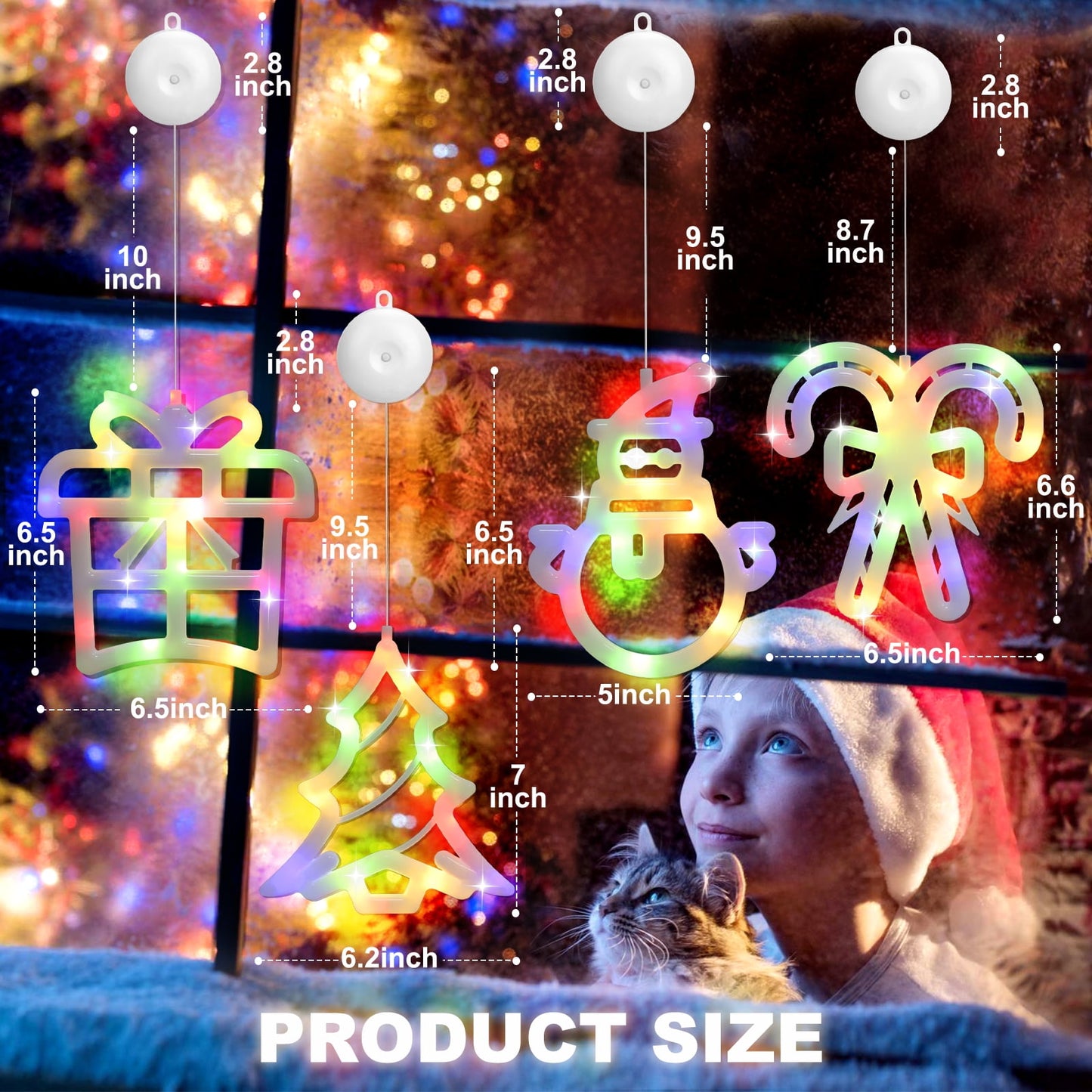 Ayieyill Christmas Window Decorations Lighted Indoor, Christmas Window Clings with Suction Cup | 4 Pcs