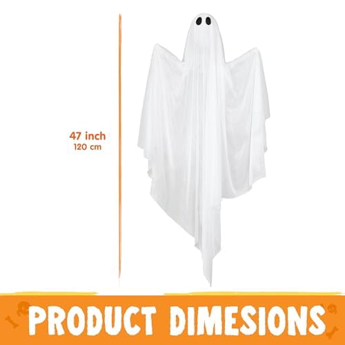 Ayieyill Halloween Ghost Decor with Blue LED Light, 47” Light up Hanging Ghost Halloween Yard Porch Decorations Outdoor