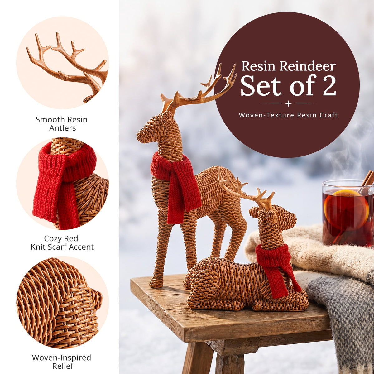 Ayieyill Christmas Reindeer Decorations, 2 Pcs Reindeer Figurines, Resin Christmas Deer Decor with Red Scarf for Christmas Tabletop Decorations Indoor