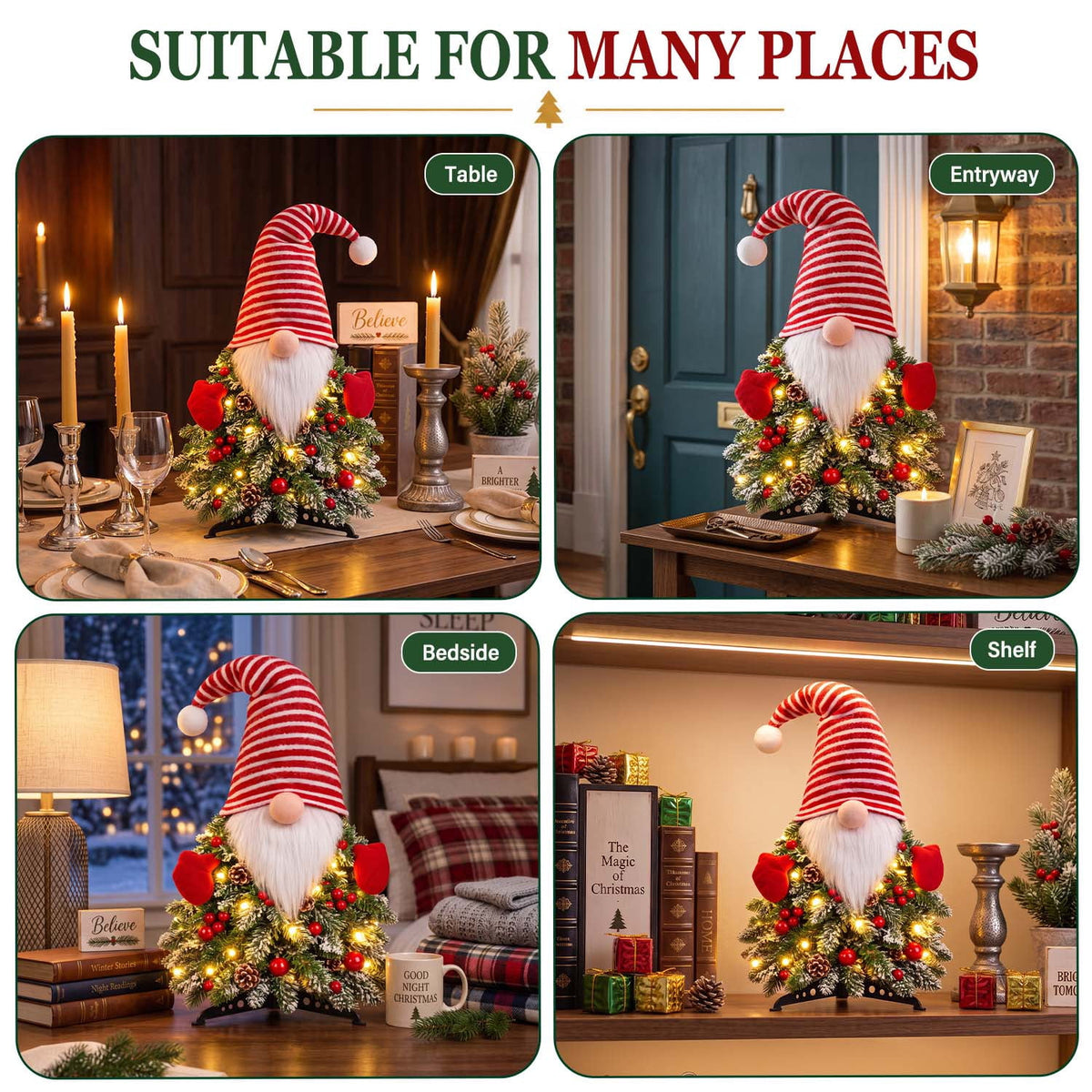 Ayieyill Lighted Christmas Gnome Tree Decor with Timer, Battery Operated Tabletop Christmas Tree with Glowing, Pre-Lit Gnome Decorations for Mantel, Fireplace, Table, Shelf, Indoor Christmas Decor