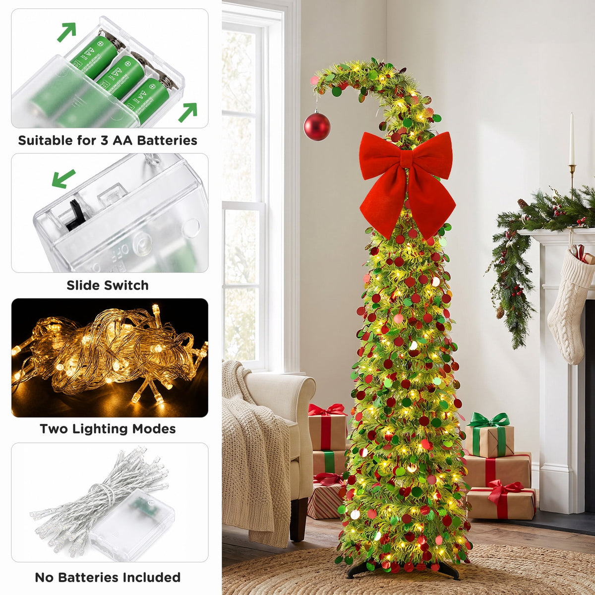 Ayieyill Christmas Tree 5FT Pencil Christmas Tree, Collapsible Pop Up Tinsel Tree for Christmas Decorations Indoor