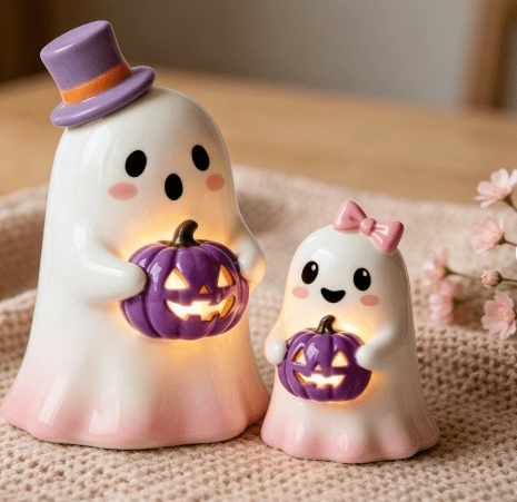 Ayieyill 3pcs Cute Spooky Ceramic Ghost for Halloween Decoration Indoor, Halloween Decorations,Ghost Figurines with Hats - Halloween Table Decorations
