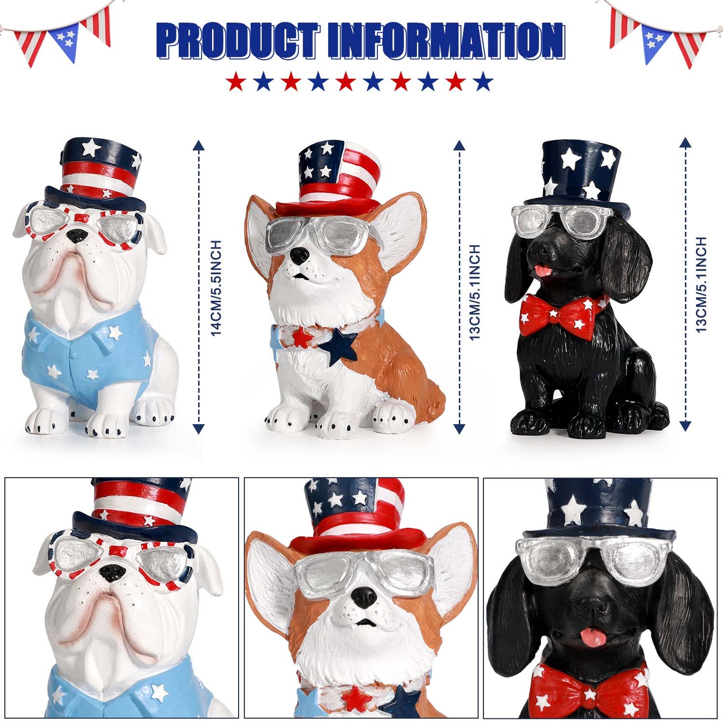 Ayieyill 3pcs 4th of July Patriotic Dog Figurines, Fourth of July Independence Day Decorations, Memorial Day Decor, White