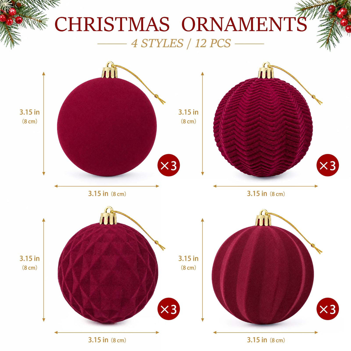 Ayieyill 12 Pack Christmas Ball Ornaments, Flocked Christmas Tree Ornaments, Christmas Hanging Ornaments for Christmas Decorations Indoor