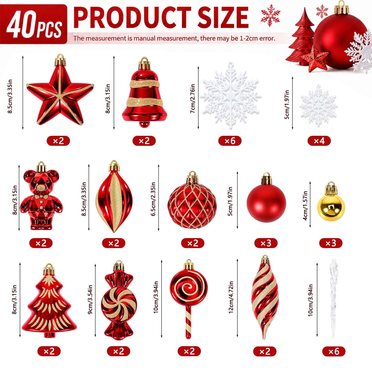 Ayieyill 40ct Christmas Ball Ornaments, Candy Cane Christmas Ornament Set, Shatterproof Christmas Ball with Rope for Tree