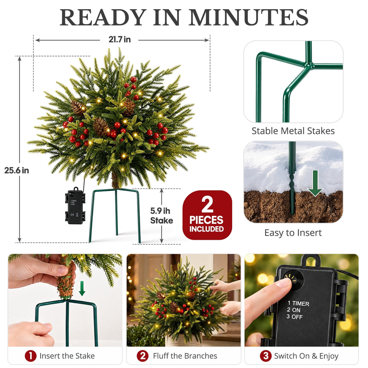 Ayieyill Pre-lit Outdoor Christmas Trees, 2 Pack 24 Inch Pathway Christmas Tree with 30 Lights, Christmas Decorations Outdoor for Driveway, Yard, Garden Decorations(Norfolk)