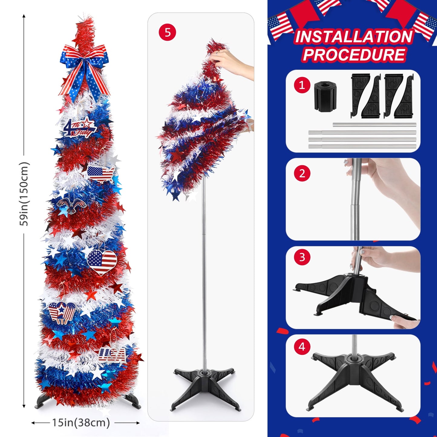 Ayieyill 4th of July Decor Patriotic Decorations, 5ft Patriotic Tree Independence Day Tree, Pop Up American Tree for Memorial Day & Veterans Day Decor Indoor